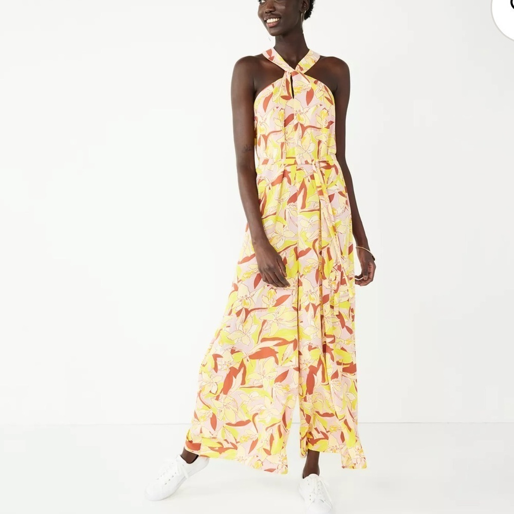 Women's Nine West Crisscross Neck Wide Leg Jumpsuit XL Abstract Plumeria